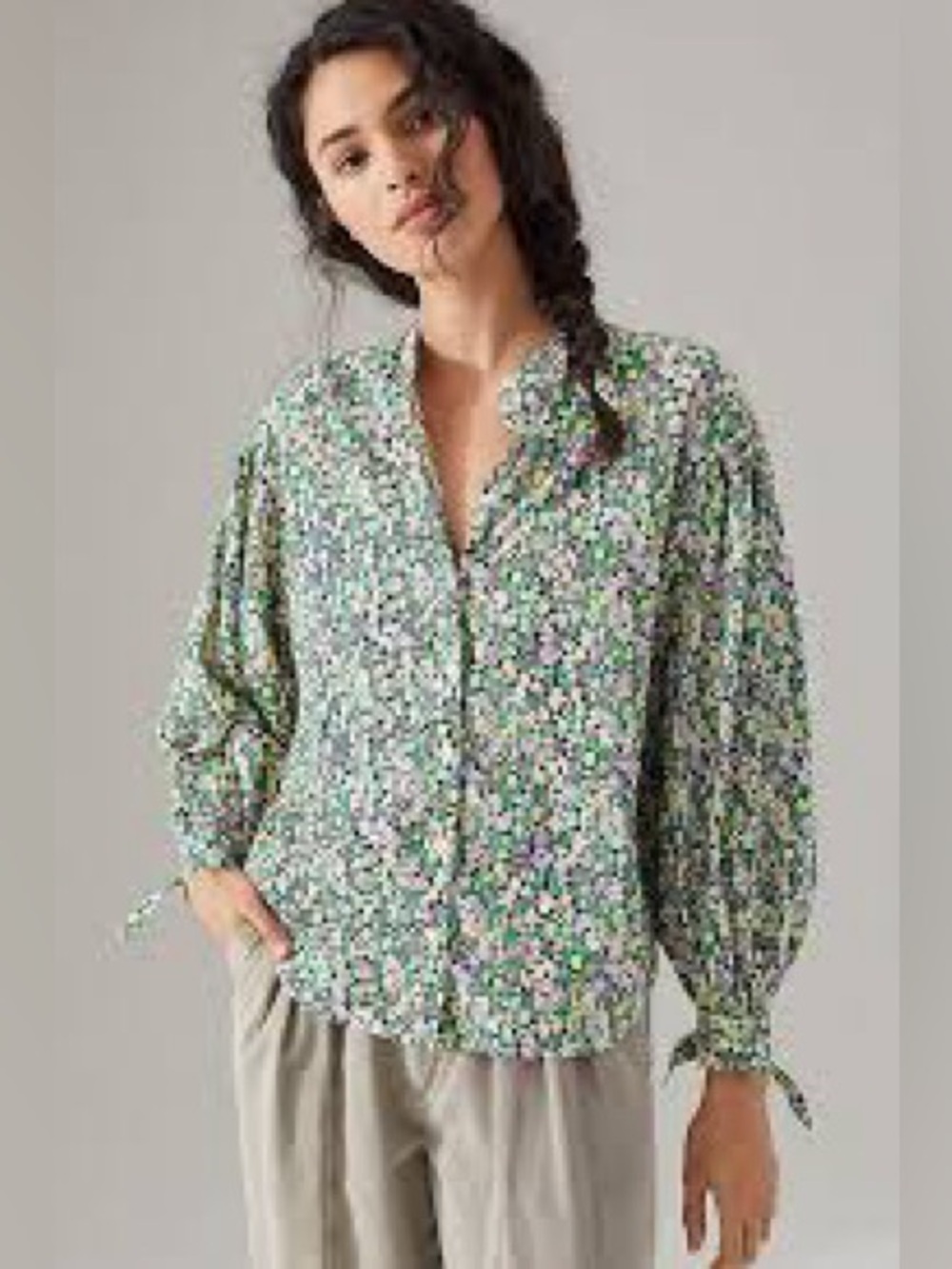 Maeve by Anthropologie Green Floral Button-Down Shirt